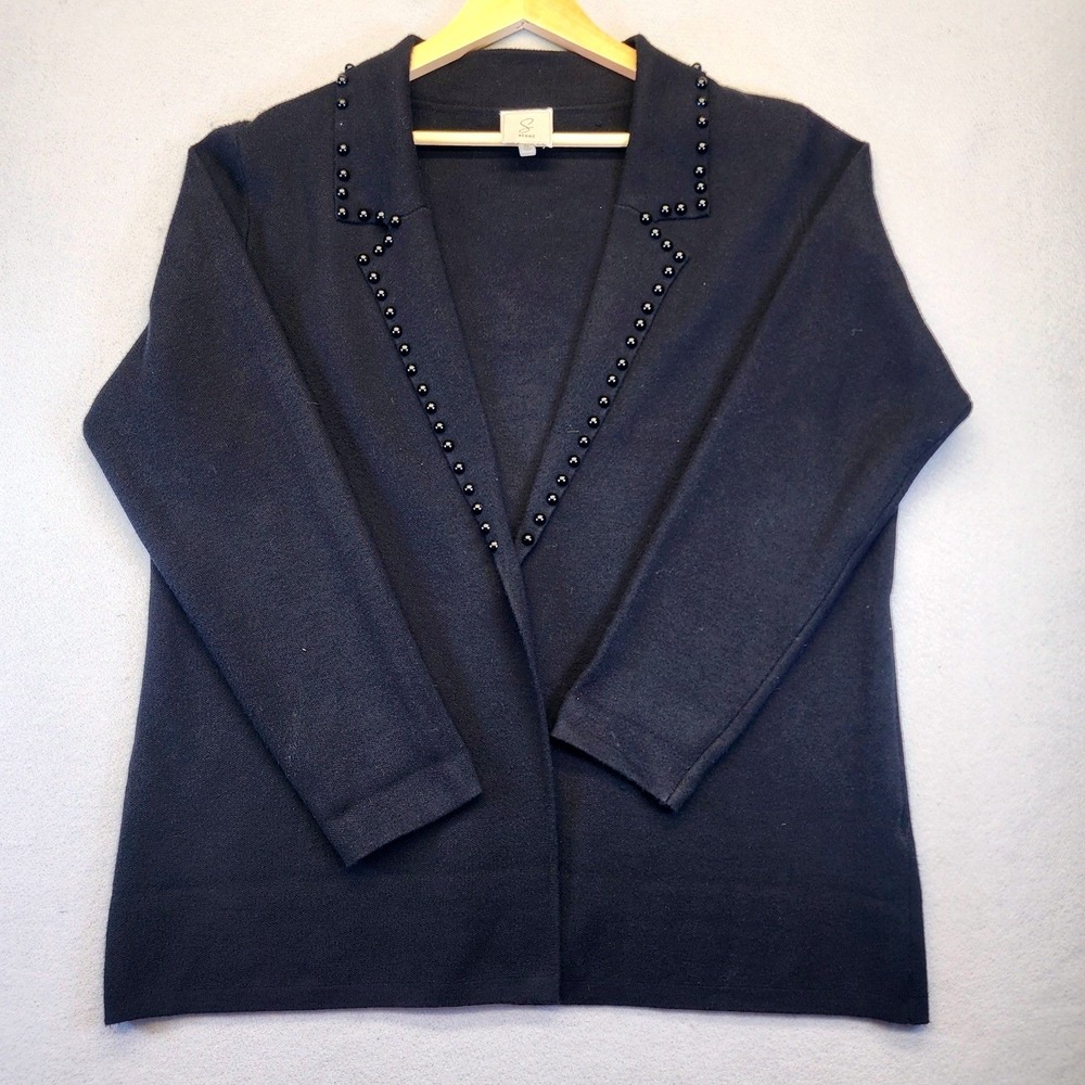 Sioni Black Beaded Open Front Cardigan Sweater Womens XL‎ Notched Lapel Knit Top